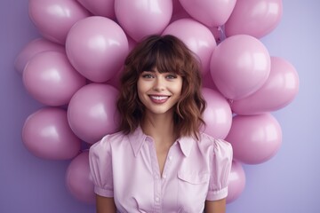 Fototapeta na wymiar a wonderful girl against the background of lilac balloons, a portrait of a young woman on a festive backdrop.