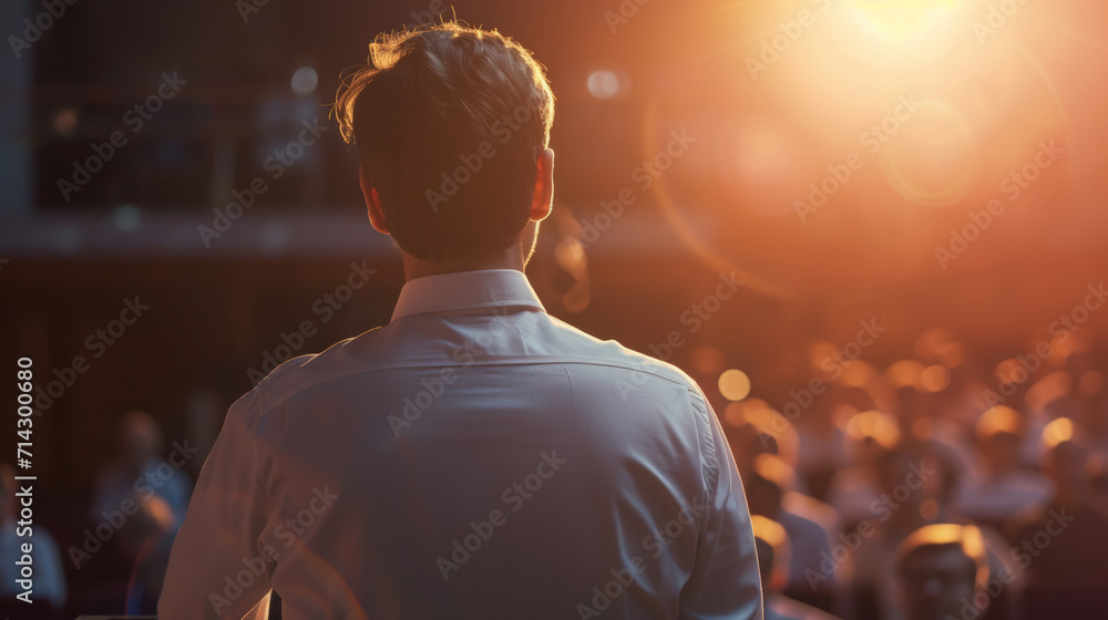 Poster man from behind is standing in front of an audience
