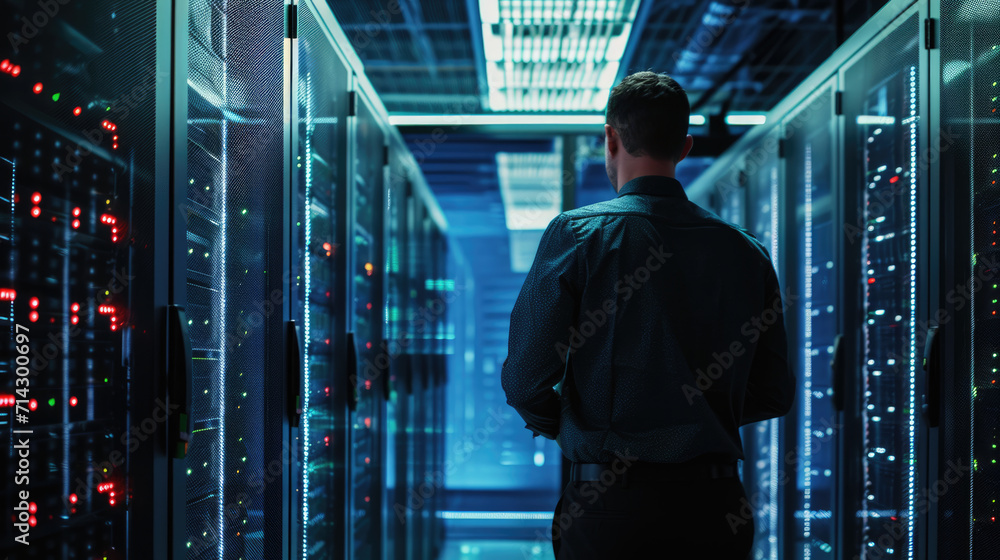 Aufkleber man is standing in a data center with rows of server racks, holding a tablet and presumably managing