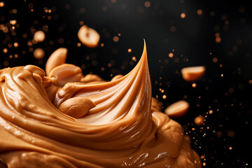 Close up of a jar of peanut butter with scattered peanuts against black background.