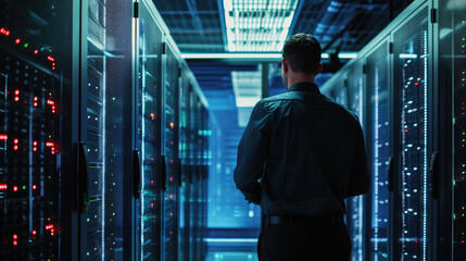 Man is standing in a data center with rows of server racks, holding a tablet and presumably managing or monitoring the network infrastructure.