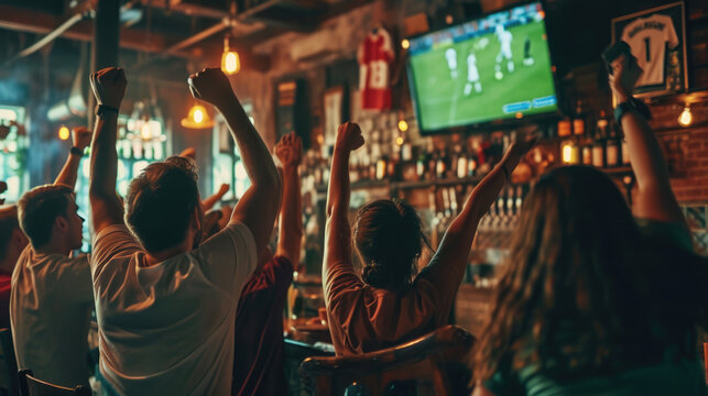 Vibrant sports bar atmosphere where patrons are energetically celebrating