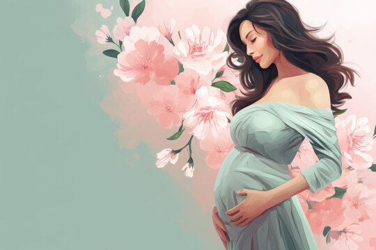 pregnancy and future motherhood. A hand-drawn sketch of a pregnant woman in a dress. colorful illustration. a place for your text.