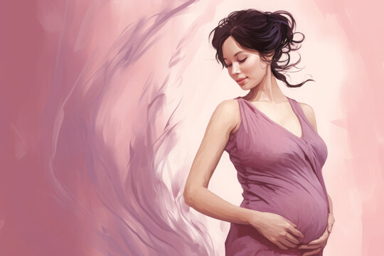pregnancy and future motherhood. A hand-drawn sketch of a pregnant woman in a pink dress. colorful illustration. a place for your text.