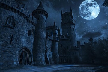 Moonlit medieval castle with turrets and courtyards