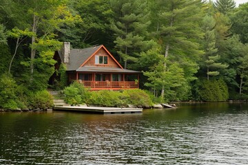 Fototapeta na wymiar Quaint lakeside cottage with wooden dock