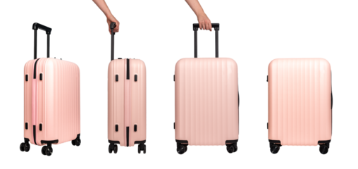 Wheeled suitcases, hand luggage, spinner bags set, airplane baggage isolated on white