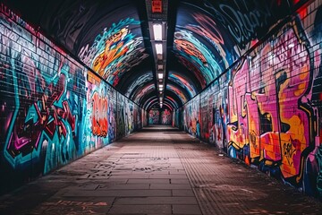 Urban graffiti tunnel with bold street art