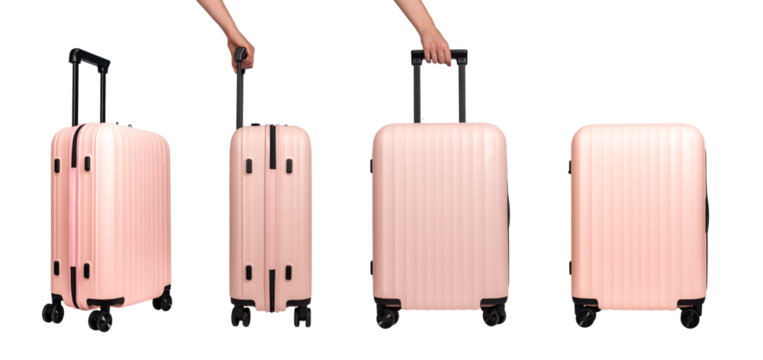 Wheeled suitcases, hand luggage, spinner bags set, airplane baggage isolated on white