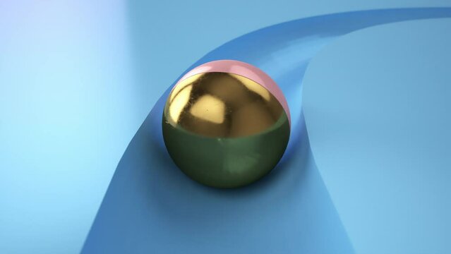 3D golden and pink ball rolling along a sky blue minimal path. The sphere is rolling through maze seen from behind and travel across the game board.