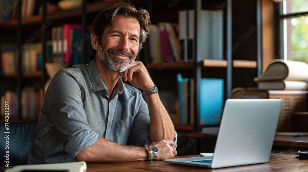 Aufkleber man smiling while working on a laptop in a modern office environment
