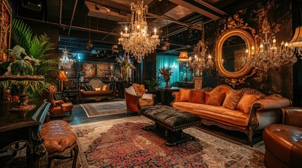 Luxury living room interior with leather sofa and vintage furniture