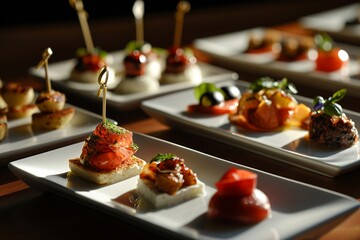 A collection of appetizers, from tapas to finger foods, elegantly displayed on small white plates