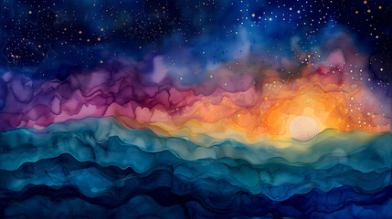 Celestial sunset and ocean watercolor illustration with vivid, colorful waves and a starry night sky