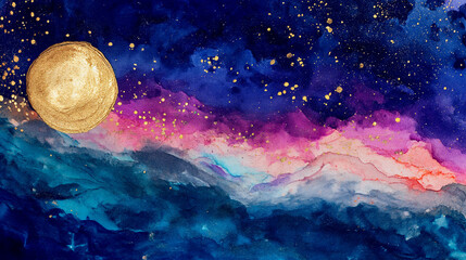 Abstract space illustration with a golden moon and stars,  with deep, vivid watercolors