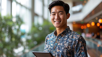 Man with a friendly smile, holding a tablet in a modern office environment