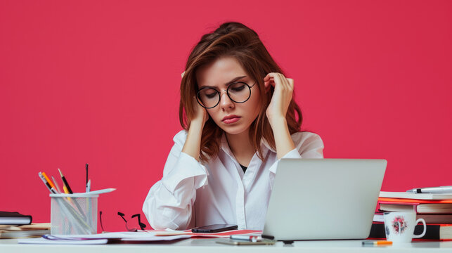 Young woman in an office environment showing signs of stress or a headache.