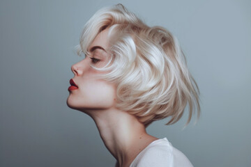 Artistic profile of a woman with platinum blonde hair, her closed eyes and red lips exuding a vintage Hollywood elegance