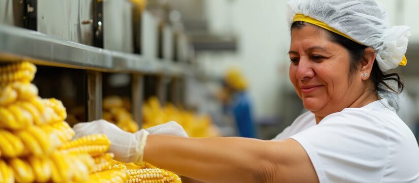 Latina worker in candy factory puts candy on corn churros.
