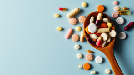 Variety of pills and capsules of different shapes, colors, and sizes, loosely scattered and contained within a wooden spoon, all placed against a plain light blue background.