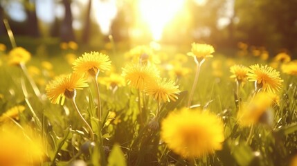 Beautiful flowers of yellow dandelions in nature in warm summer or spring on meadow in sunlight, macro - Powered by Adobe