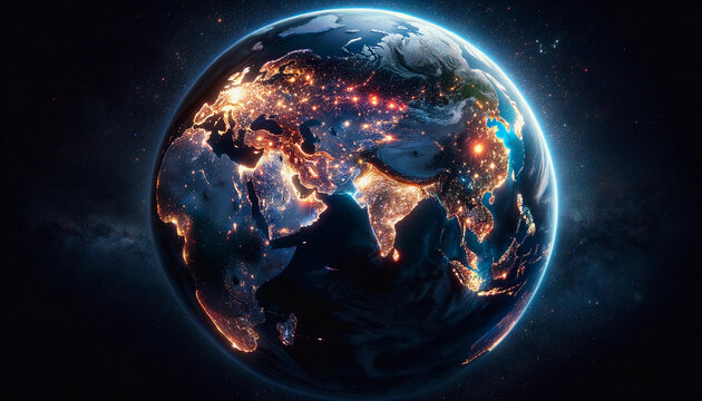 Zoomed-out view of Earth at night with the continents clearly visible and vibrant city lights