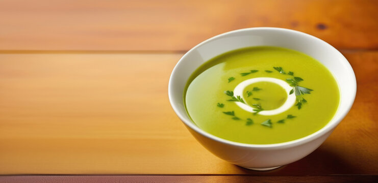 horizontal banner, St. Davids Day, national Welsh cuisine, traditional onion soup Cawl Cennin, wooden table, leek and yellow daffodil, delicious photo