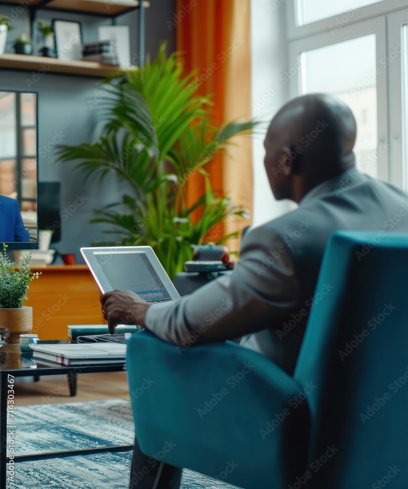 Aufkleber man sitting in chair using laptop computer for business meeting video generative ai
