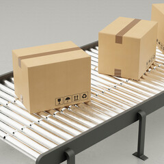 set of cardboard boxes on a conveyor belt on a gray background. Distribution concept. 3d rendering