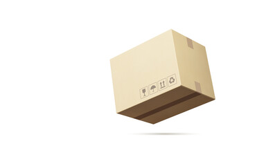 beige box or parcel made of recyclable cardboard with signs hanging or falling on a white surface. Mockup or template. 3d rendering