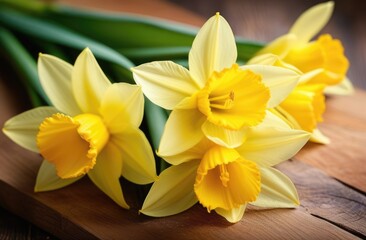 international Womens Day, St. Davids Day, mothers Day, bouquet of yellow daffodils, spring flowers, wooden background