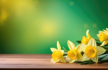 horizontal banner, St. Davids Day, international womens Day, mothers day, spring flowers, bouquet of yellow daffodils, green background, wooden table