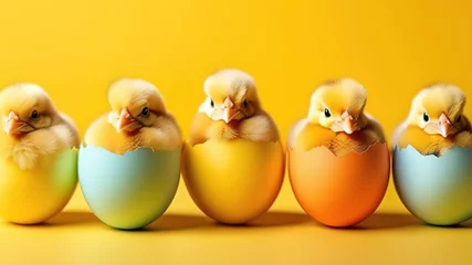 Tuinposter tiny little chickens with easter eggs banner background spring birds fluffy cute chicks poultry © lidianureeva