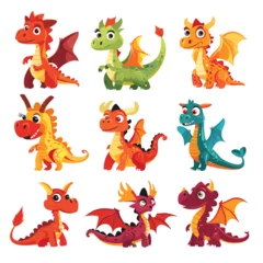 Foto op geborsteld aluminium Draak Cartoon dragon set. Cute dragons. Baby fire dragon or dinosaur cute characters isolated vector. Fairy tale monsters. Vector dragon