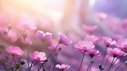 Beautiful pink flower anemones fresh spring morning on nature and fluttering butterfly