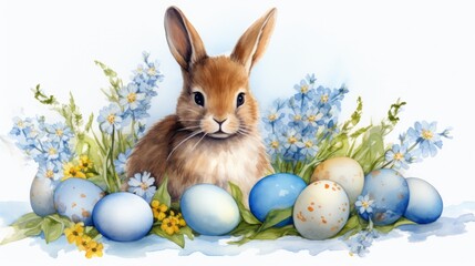 Easter bunny, easter eggs and forget-me-nots on a white background