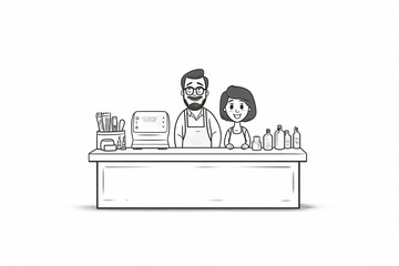a hand drawn black and white minimal doodle of a mom and pop counter. The owner is happy in the counter. Hand drawn, Cartoon style, use a bit of green