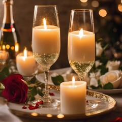 Romantic Evening: Bubbly Glasses, Candlelit Ambiance, and White Roses at a Valentine's Day Dinner