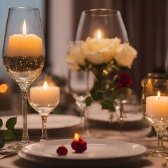 Romantic Evening: Bubbly Glasses, Candlelit Ambiance, and White Roses at a Valentine's Day Dinner