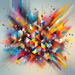 A colorful drawing of a cube with a blue triangle on it. Ai Generated Squares Square Explosion. Abstract painting of a colorful star with a black background. Gradient glasses and cubes, 3d rendering. 