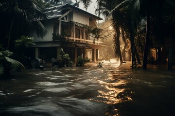 
A severe tropical storm with heavy rainfall caused a major flooding, and the floodwaters inundated houses. The inclement weather resulted in the flooding - obrazy, fototapety, plakaty