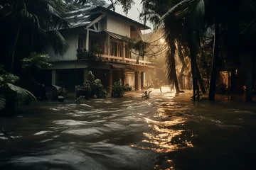 Fotobehang  A severe tropical storm with heavy rainfall caused a major flooding, and the floodwaters inundated houses. The inclement weather resulted in the flooding © Amer