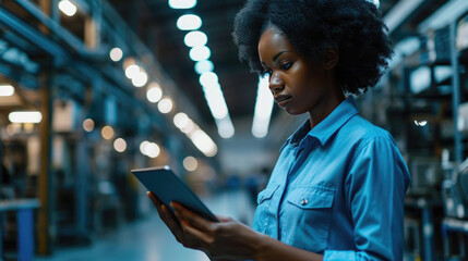 Woman in a blue work uniform is focused on a tablet she is holding, standing in an industrial setting with machinery and bright lights in the background.
