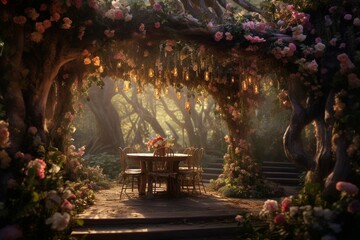 Obraz na płótnie Canvas A whimsical garden overflowing with vibrant blooms and buzzing bees. A mischievous fairy sprinkles laughter as two souls exchange vows under a canopy of ancient trees.