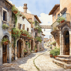 Fototapeta na wymiar A street in the old Mediterranean town. Watercolor illustration.