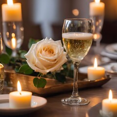 Romantic Evening: Bubbly Glasses, Candlelit Ambiance, and White Roses at a Valentine's Day Dinner