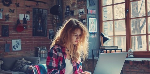 Young Woman Working on Laptop While Sitting on Couch Generative AI