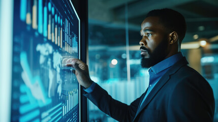 Man in business attire interacting with a futuristic digital interface displaying graphs and data analytics.
