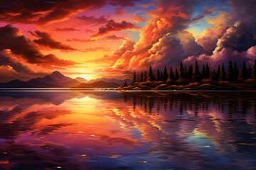 An image of a vibrant sunset over a serene lake, with colorful reflections shimmering on the water - obrazy, fototapety, plakaty