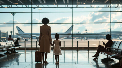 Adult and a child are standing at an airport terminal window looking out at the planes
